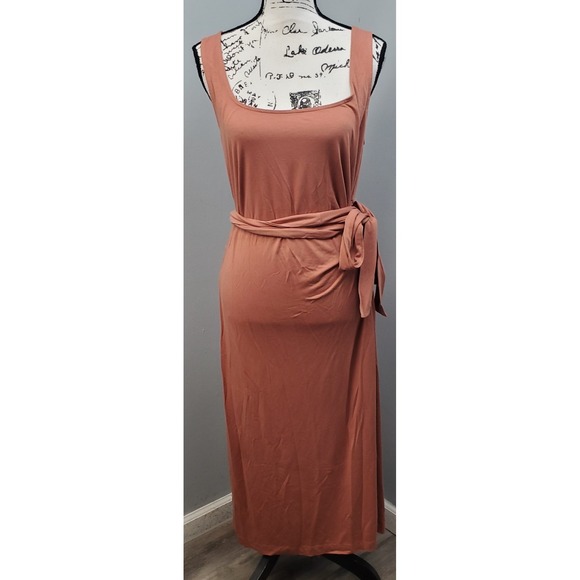 Ann Taylor Factory Long Dress Womens Large Pink Tie Waisted Stretch Wide Strap - Picture 1 of 9